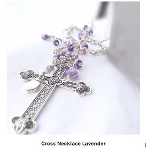 Elegant Silver Cross With Lavender Accent Beaded Necklace
